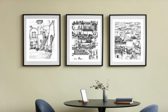 Lámina Artística de MATERA 4 - Dibujo a Tinta de los "Sassi" de Italia - Arte de Viajes Minimalista