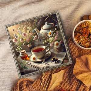 Botanical Tea Canvas Print, Floral Wall Art, Vintage Kitchen Decor, Tea Lover Gift, Home Aesthetic, Nature Inspired Wall Art