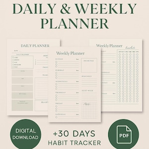 Könnte beinhalten: Ein digitaler Download-Planer-Set mit einem Tagesplaner, Wochenplaner und Gewohnheitstracker. Die Planer sind beige mit grünem Text und enthalten Abschnitte für Ziele, Prioritäten und Erinnerungen. Der Text lautet "DAILY & WEEKLY PLANNER".