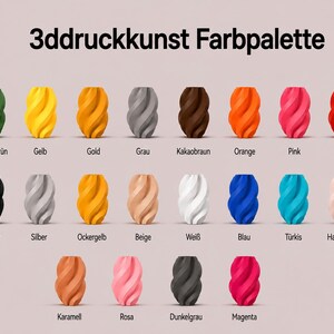 K&ouml;nnte beinhalten: Eine 3D-Druck-Farbpalette mit der &Uuml;berschrift 3ddruckkunst Farbpalette, die zweiundzwanzig kleine, spiralf&ouml;rmige, zylindrische Objekte in verschiedenen Volltonfarben wie Gr&uuml;n, Gelb, Gold, Grau, Braun, Orange, Pink, Rot, Schwarz, Wei&szlig;, Blau und Beige zeigt.
