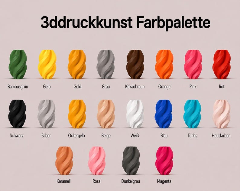 K&ouml;nnte beinhalten: Eine 3D-Druck-Farbpalette mit der &Uuml;berschrift 3ddruckkunst Farbpalette, die zweiundzwanzig kleine, spiralf&ouml;rmige, zylindrische Objekte in verschiedenen Volltonfarben wie Gr&uuml;n, Gelb, Gold, Grau, Braun, Orange, Pink, Rot, Schwarz, Wei&szlig;, Blau und Beige zeigt.