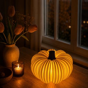 K&ouml;nnte beinhalten: Eine leuchtende, gerippte k&uuml;rbisf&ouml;rmige Lampe mit einem dunkelbraunen Stiel. Die Lampe strahlt ein warmes, sanftes Licht aus ihrem segmentierten K&ouml;rper aus und erzeugt einen hellen Effekt, der die vertikalen Rippen der K&uuml;rbisform hervorhebt.