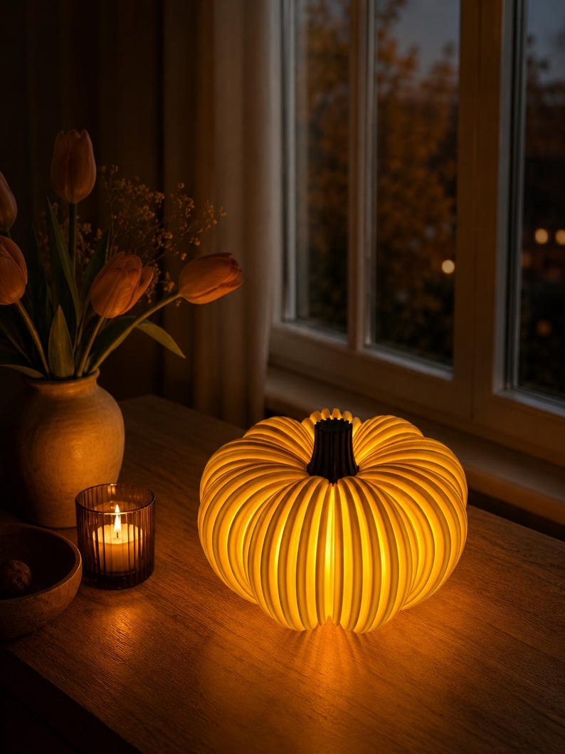 K&ouml;nnte beinhalten: Eine leuchtende, gerippte k&uuml;rbisf&ouml;rmige Lampe mit einem dunkelbraunen Stiel. Die Lampe strahlt ein warmes, sanftes Licht aus ihrem segmentierten K&ouml;rper aus und erzeugt einen hellen Effekt, der die vertikalen Rippen der K&uuml;rbisform hervorhebt.