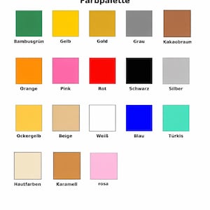 May include: A color palette chart titled Farbpalette featuring seventeen labeled squares in various colors including bamboo green, yellow, gold, gray, cocoa brown, orange, pink, red, black, silver, ocher yellow, beige, white, blue, turquoise, skin tone, caramel, and rose.