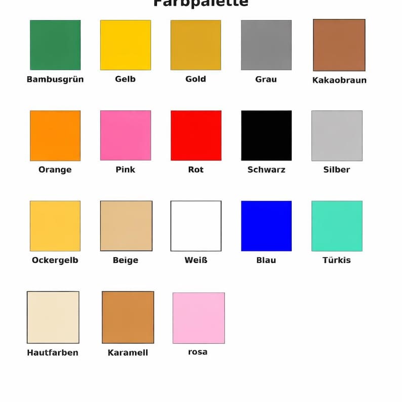 May include: A color palette chart titled Farbpalette featuring seventeen labeled squares in various colors including bamboo green, yellow, gold, gray, cocoa brown, orange, pink, red, black, silver, ocher yellow, beige, white, blue, turquoise, skin tone, caramel, and rose.