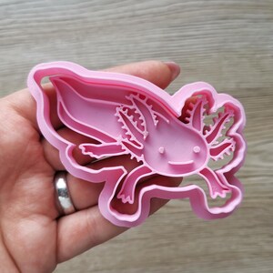 K&ouml;nnte beinhalten: Ein rosa Ausstecher in Axolotl-Form. Der Ausstecher zeigt das Wassersalamander mit seinen charakteristischen federartigen Kiemen und einem l&auml;chelnden Gesicht. Der Kunststoffausstecher wird in einer Hand gehalten, um seine Gr&ouml;&szlig;e und Form zu zeigen.