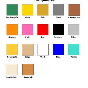 K&ouml;nnte beinhalten: Eine Farbpalette mit dem deutschen Titel "Farbpalette". Die Tabelle zeigt 16 Farbfelder, darunter Gr&uuml;n, Gelb, Gold, Grau, Braun, Orange, Pink, Rot, Schwarz, Silber und andere, jeweils mit ihrem deutschen Namen beschriftet.