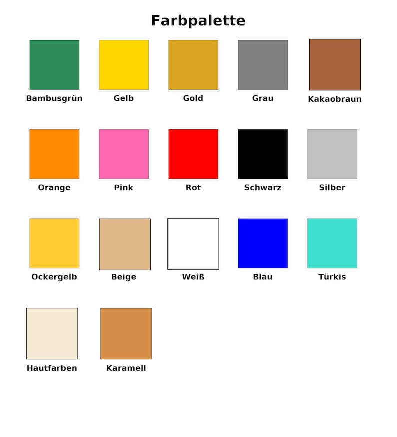 K&ouml;nnte beinhalten: Eine Farbpalette mit dem deutschen Titel "Farbpalette". Die Tabelle zeigt 16 Farbfelder, darunter Gr&uuml;n, Gelb, Gold, Grau, Braun, Orange, Pink, Rot, Schwarz, Silber und andere, jeweils mit ihrem deutschen Namen beschriftet.