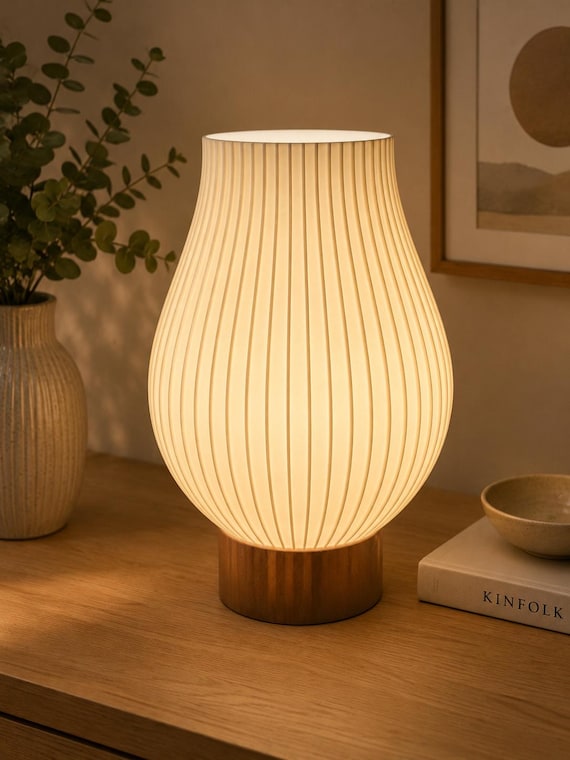 Japandi Tischlampe mit warmem Licht | Moderne Designer Lampe | 3D gedruckte Nachttischlampe | Scandi Wohn Deko | Ambientebeleuchtung