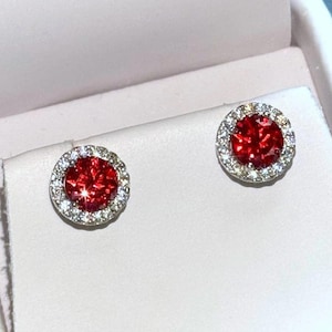 2.00 CTW Red Moissanite Halo Earrings | VVS1 Stud Earrings | Red Diamond Alternative | Sterling Silver Halo Studs | Gift for Her
