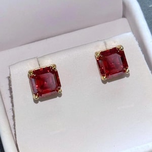 Red Asscher Cut Moissanite Stud Earrings | 6x6mm VVS1 Moissanite Studs | Red Diamond Alternative | Gold Stud Earrings | Gift for Her