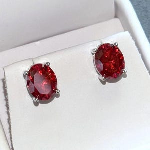 Red Oval Cut Moissanite Stud Earrings | 6x8mm VVS1 Moissanite | Red Diamond Alternative | Silver Stud Earrings | Gift for Her