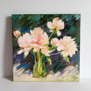 Pink Peonies.Original Oil Painting on stretched canvas.Wall Home Decor for Living Room, hallway,bedroom.Gift for Birthday.Size10-10inches