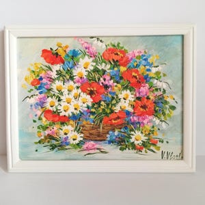 Wildflowers.Original Oil Painting on stretched canvas.Poppies and daisies.Wall Home Decor.Art Gift for birthday and friends.Size 10-7 inches