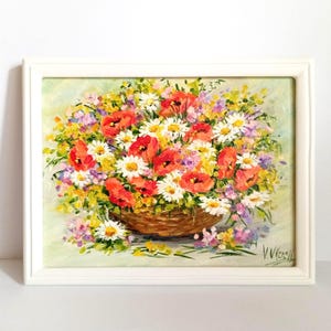 Wildflowers.Original Oil Painting on stretched canvas.Poppies and daisies.Wall Home Decor.Art Gift for birthday and friends.Size-10-7 inches