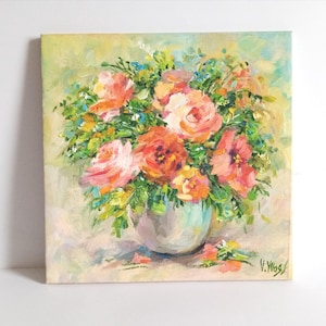 Red Roses in a vase. Original Oil Painting on stretched canvas.Wall Home Decor for Living Room,bedroom .Gift for Birthday.Size 10-10 inches