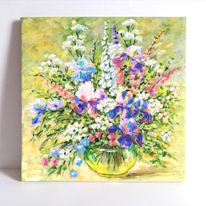 Festive bouquet.Original oil painting on stretched canvas.Interior painting for the living room,kitchen,hall.Birthday present.Size 12x12 inc