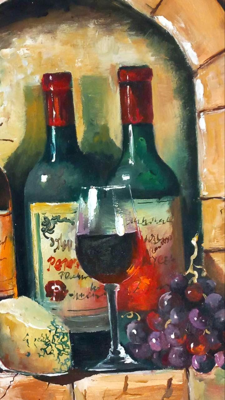 静物油彩画 ぶどうとワインボトル ワインのボトルとブドウのある静物画。キャンバスに描いたオリジナルの