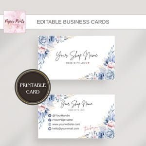 Blue Blush Floral Business Card Template • Editable Canva Design for Small Business • Customer Appreciation Note • Printable Business Card