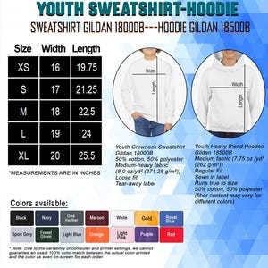 May include: Image detailing youth sweatshirt and hoodie specifications, including a size chart with measurements in inches. Features a colour palette with options such as black, navy, and red. Also shows product details for Gildan 18000B and 18500B.