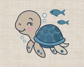 Motif de broderie tortue mignon, motif de broderie Machine bébé tortue de mer, téléchargement immédiat, broderie animaux océan pour vêtements d'enfants