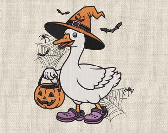 Halloween Duck Embroidery Design | Pumpkin Basket, Witch Hat (PNG)