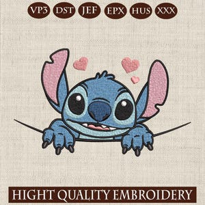 Peut inclure: Motif brodé d'un personnage de dessin animé bleu avec de grands yeux noirs, des oreilles roses et un nez bleu. Des coeurs roses flottent au-dessus. Le texte "HIGHT QUALITY EMBROIDERY" est en bas.