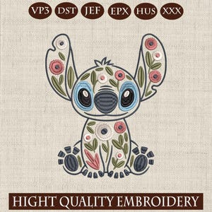 Könnte beinhalten: Stickmuster eines stilisierten Charakters mit großen Ohren, blauen Augen und floralen Mustern. Das Design enthält den Text "HIGHT QUALITY EMBROIDERY" unten und Dateityp-Indikatoren oben.