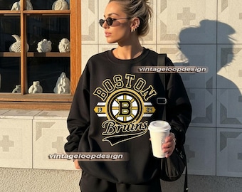 Sudadera vintage de los Boston Bruins, cuello redondo de hockey