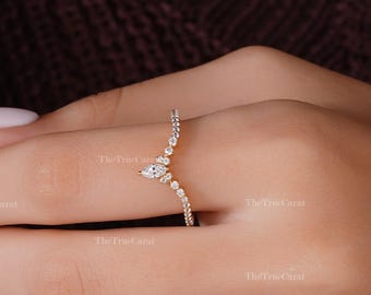 Curved Lab Diamond Wedding Band In 14K Solid Gold, Chevron Wedding Band, Sustainable Wedding Band For Women, Matching Ring For Her