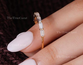 14K Solid Gold Minimal Baguette Wedding Band, Thin Half Eternity Band With Lab Grown Diamond, Dainty Stacking Ring, Gold Gift For Her
