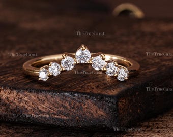 14Kソリッドゴールドカーブダイヤモンド結婚指輪、モアッサナイトバンド、ミニマリストコンターリング（女性用）、ネスティングエンハンサーバンド