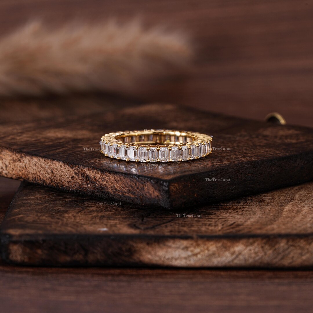 Emerald Cut Moissanite Diamond Wedding Band in 14K Solid Gold, Eternity ...