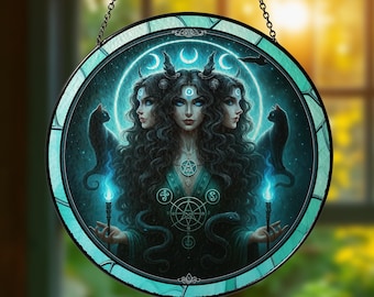 Attrape-soleil déesse triple lune, attrape-soleil en vitrail déesse Hécate, décor de fenêtre déesse, cadeau païen wicca, énergie féminine sombre