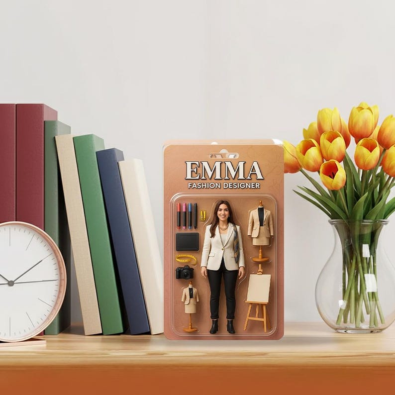 Op de afbeelding: Een speelgoedmodepoppetje genaamd Emma, verpakt in retrostijl. De pop draagt een witte blazer en een zwarte broek. Accessoires zijn onder meer een miniatuurcamera, een mannequin en een ezel. Op de verpakking staat "EMMA FASHION DESIGNER."