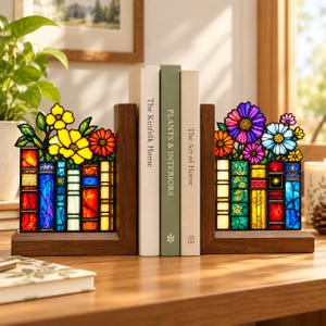 May include: Two L-shaped wooden bookends featuring stained glass panels depicting colorful books topped with vibrant flowers. The left panel shows yellow and orange blooms, while the right panel displays purple, blue, and pink flowers.