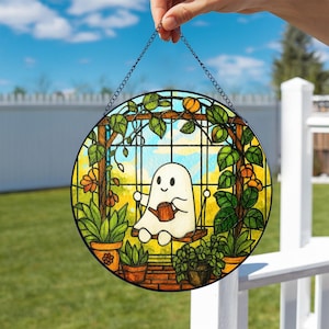 Cute Ghost Garden Suncatcher, Stained Glass Style Acrylic Window Hanging, Kawaii Greenhouse Ghost, Whimsical Halloween Plant Lover Gift