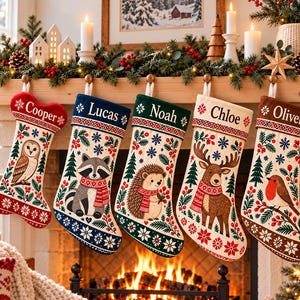 Personalized Woodland Animal Christmas Stocking with Name, Scandinavian Folk Art Stocking, Vintage Nordic Forest Holiday Mantel Decor Gift