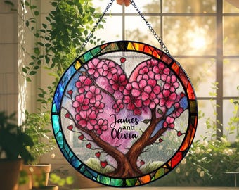 Atrapasueños de vitral con forma de corazón y árbol de pareja personalizado, regalo para colgar en la ventana con nombre personalizado para aniversario, boda o San Valentín.