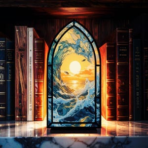 May include: A stained glass panel depicting a sunset over the ocean, with a large wave and two fish. The panel is in front of a shelf of books with brown and tan covers. The panel has a black frame.