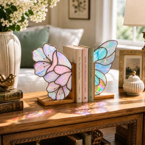 May include: A pair of stained glass bookends featuring iridescent butterfly wings in shades of pink, blue, and purple. The wings are mounted on wooden bases and support three books titled The Secret Garden, Pride and Prejudice, and Anne of Green Gables.