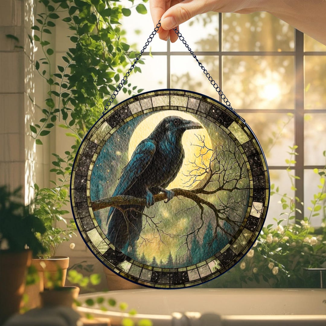 Raven Window Frame Raven and Full Moon Stained Glass Suncatcher, Gothic Bird Window ...
