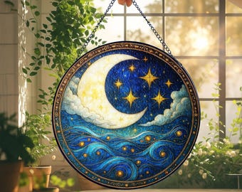 輝く月明かりの村のステンドグラスアート - 明るい月と星空の建築が