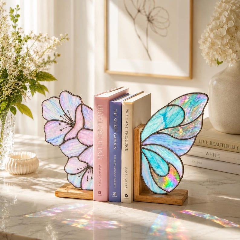 May include: A pair of bookends featuring iridescent stained glass wings attached to wooden bases. The left wing displays a pink and blue floral pattern, while the right wing shows a blue and purple butterfly wing design, supporting three books.