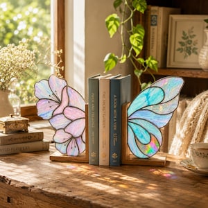 May include: A pair of wooden bookends featuring iridescent stained glass wings. The left wing displays pink and purple floral-shaped glass panels, while the right wing features blue and teal curved glass segments. Both are mounted on rectangular wooden bases.
