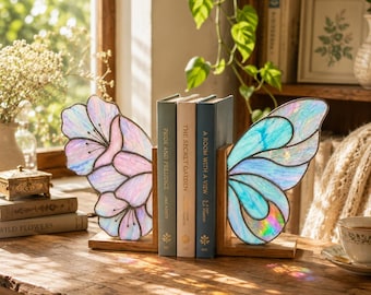 Floral Wing Butterfly Acrylic Suncatcher Bookends, Botanical Reading Decor, Nature Book Lover Gift, Spring Library Bookshelf Decor
