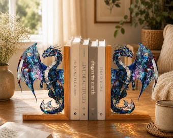 Dragon Acrylic Suncatcher Bookends, Fantasy Dragon Reading Decor, Halloween Home Art, Dragon Gift, Gothic Fantasy Book Lover Decor