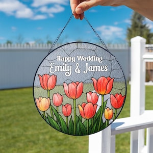Stained Glass Tulip Flower Suncatcher Wedding Gift, Personalized Couple Window Hanging, Custom Glass Suncatcher for Newlyweds