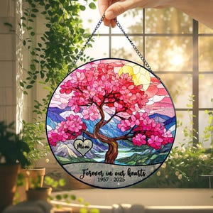 Custom Cherry Blossom Memorial Suncatcher, Personalized Remembrance Window Hanging for Mom, Forever in Our Hearts Tribute Gift