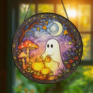 Cute Ghost Greenhouse Stained Glass Suncatcher, Halloween Ghost Acrylic Window Hangings, Plant Lovers Gift, Halloween Home Decor
